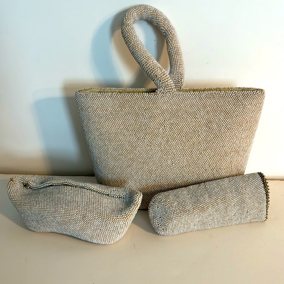 Handbags - Vintage 3 Pc Seed Pearl Bag Change Purse Glass Case